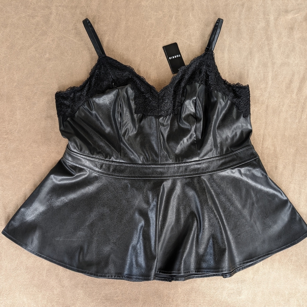 Torrid Peplum Faux Leather Lace Trim Cami! New w/ Tags! Torrid Size 0/Large!